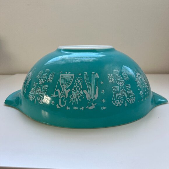 Pyrex Vintage Amish Butter Print #444 4 Qt Turquoise Blue Mixing Bowl - Picture 1 of 15